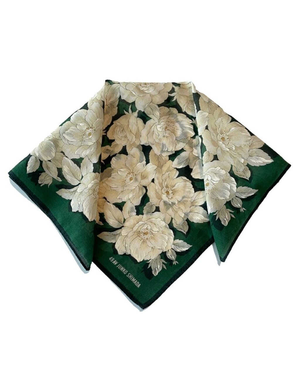 Vintage Junko Shimada 49 AV Cotton Scarf White Roses Green Floral Japan
